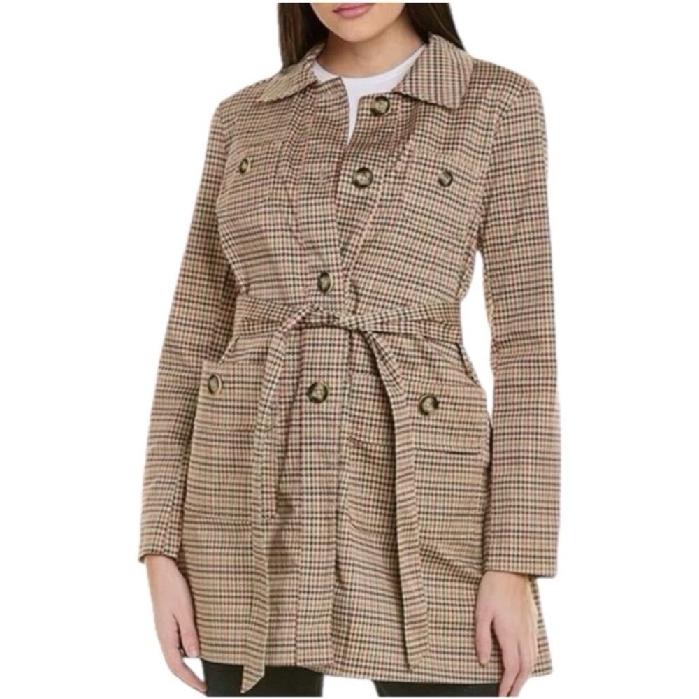 Cabi Houndstooth “Sherlock” Belted Trenchcoat in tan, brown, red, green, cream